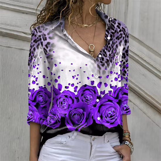 Fashion New Women′s Loose Causel Long Sleeve Print Button Placket Blouse